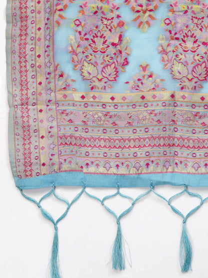 Blue Silk Blend Woven Design Saree With Unstitched Blouse Piece - Aloki - Distacart