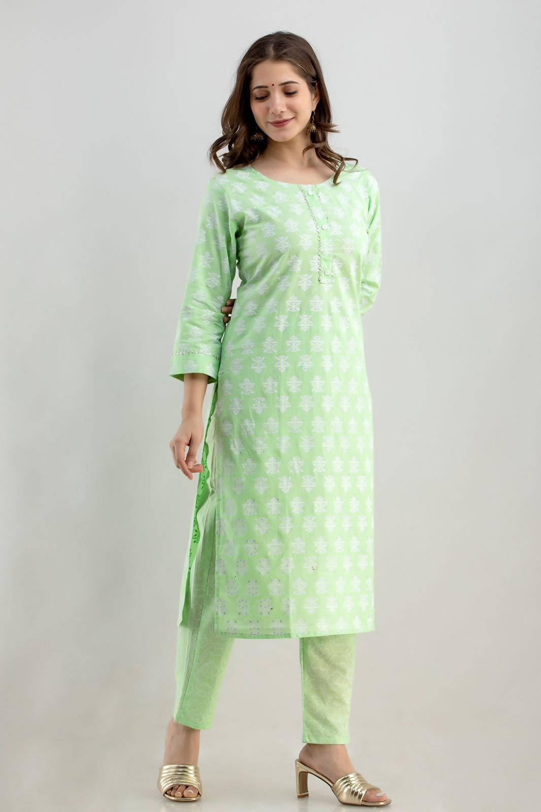 Vamika Printed Cotton Green Party Wear/Casual Wear Kurta Set/Suit - Distacart
