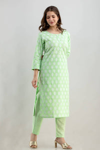 Thumbnail for Vamika Printed Cotton Green Party Wear/Casual Wear Kurta Set/Suit - Distacart