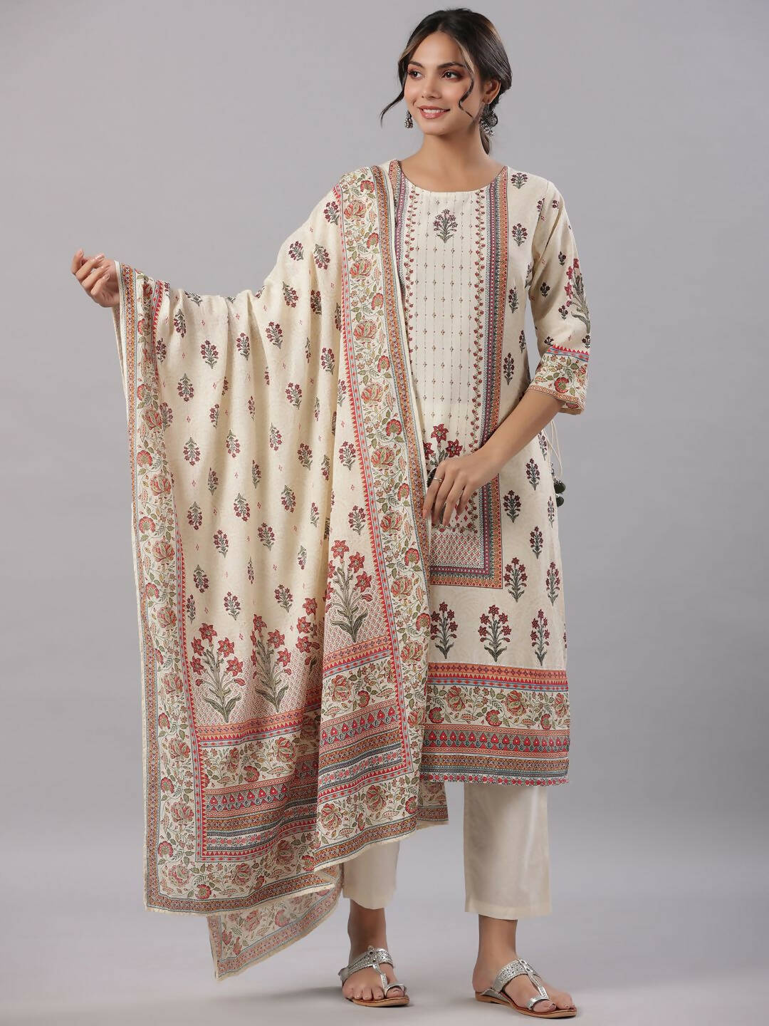 Juniper Women's Beige Cambric Floral Placement Printed Straight Fit Kurta Sets - Distacart