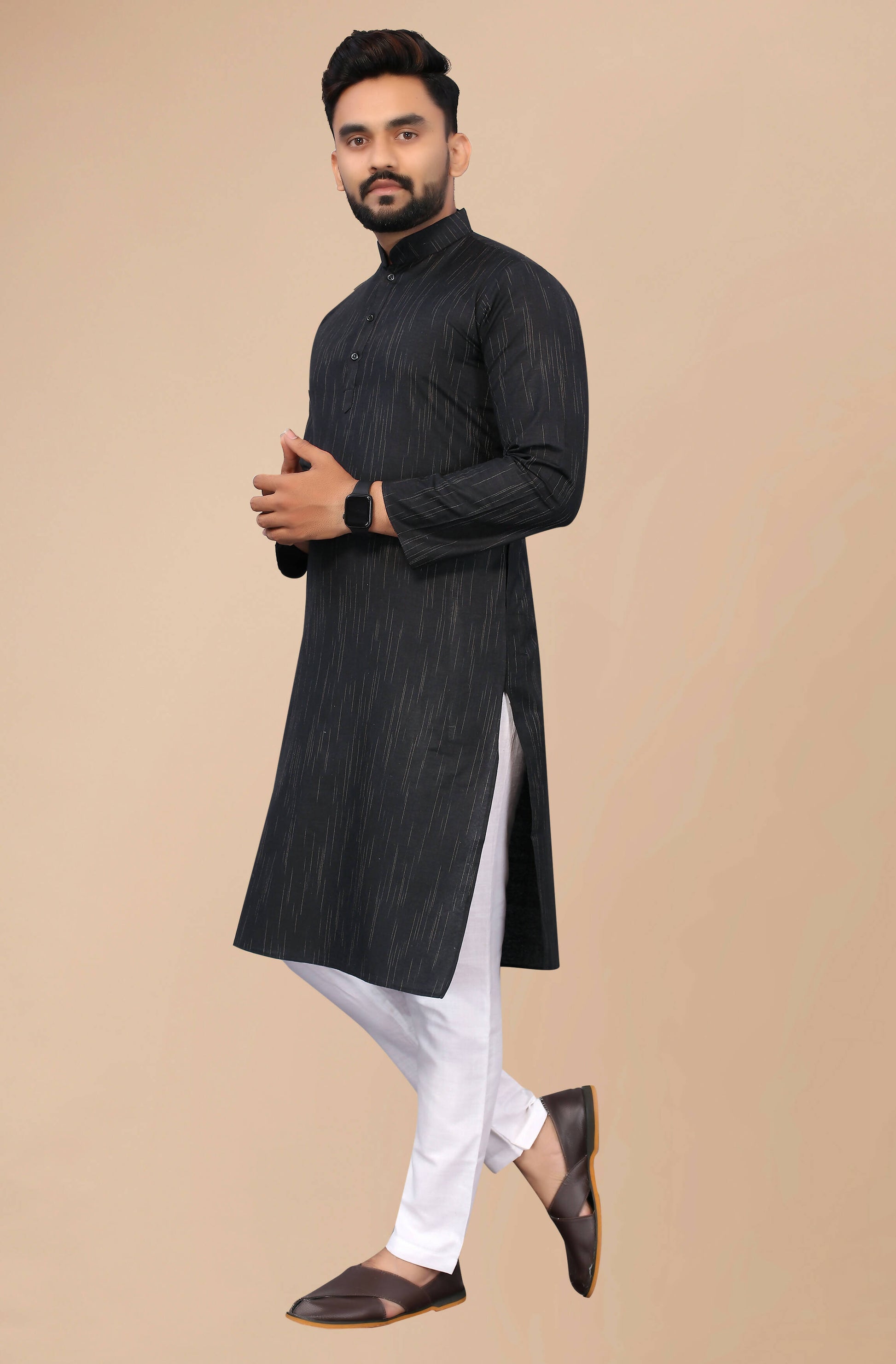 Men's Black Striped Cotton Kurta - Mahotsav - Distacart