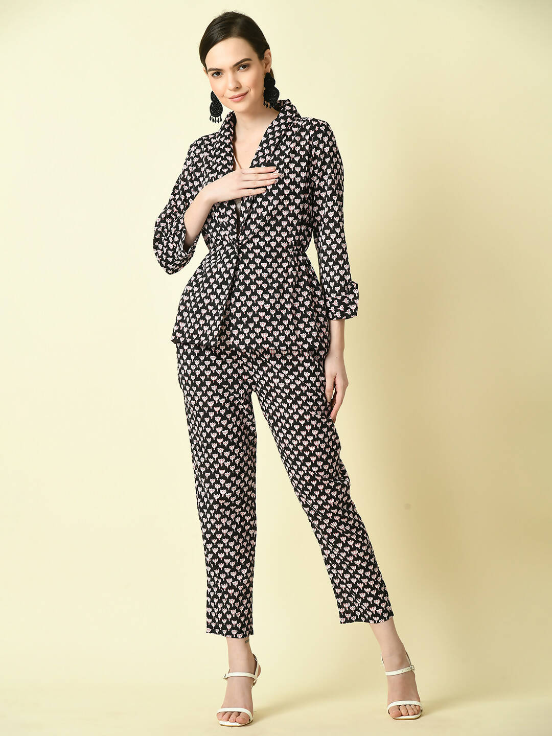 Myshka Women's Black Shawl Neck Coat With Trousers - Distacart