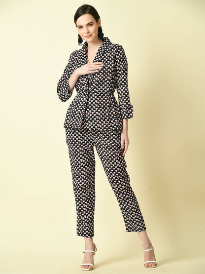Myshka Women's Black Shawl Neck Coat With Trousers - Distacart
