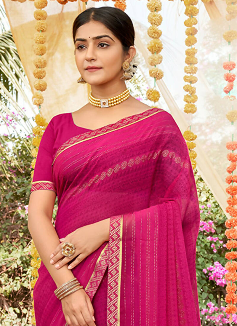 Pink Georgette Foil Printed Saree with Unstitched Blouse Piece - Avika - Distacart