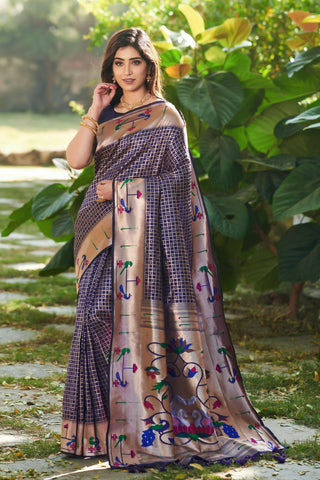 Vishnu Weaves Women's Royal Blue Paithani Silk Minakari Zari Woven Saree with Unstitched Blouse - Distacart