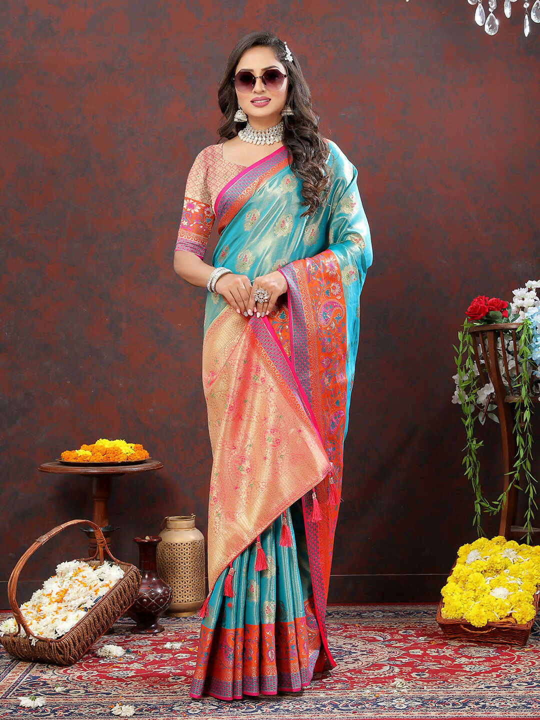 Lorenvalley Fashion Skyblue Kanjivaram Silk Woven Design with Zari Weaving Saree - Distacart