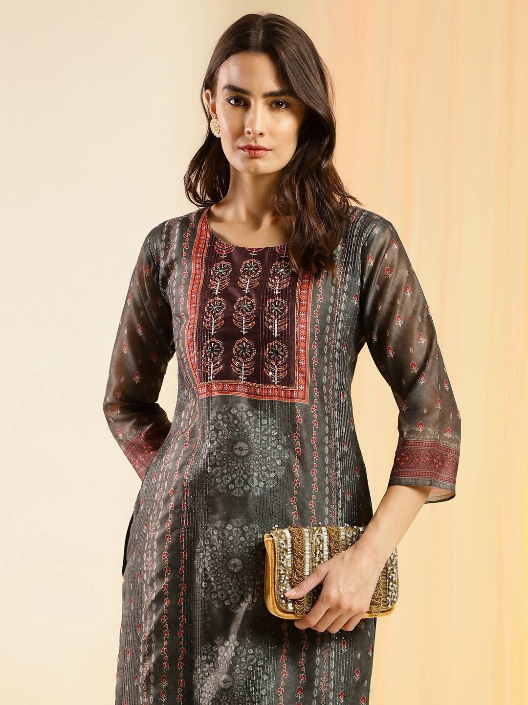 Dark Green Chinon Digital Printed With Hand Work Kurta - Himanshi - Distacart