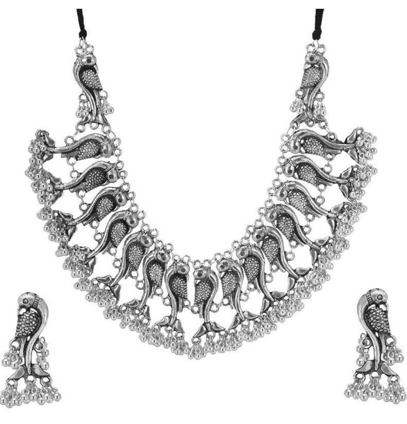 Parrot Design Silver Color Choker with Ghungru Necklace Set