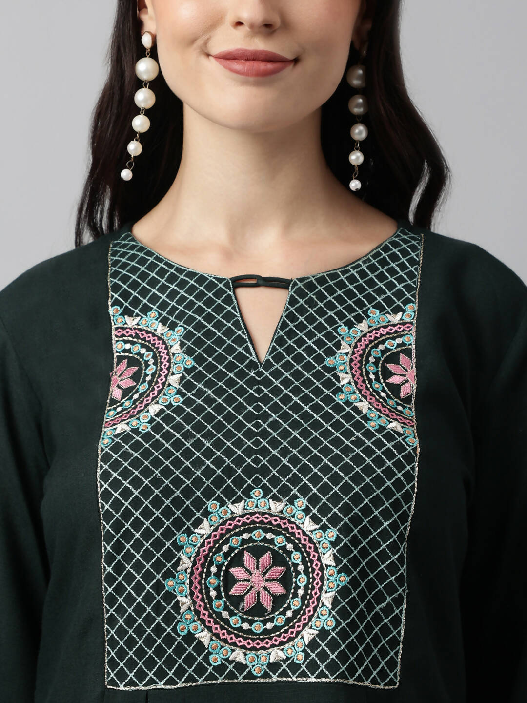 Green Rayon Yoke Embroidered A-line Top - Tarini - Distacart