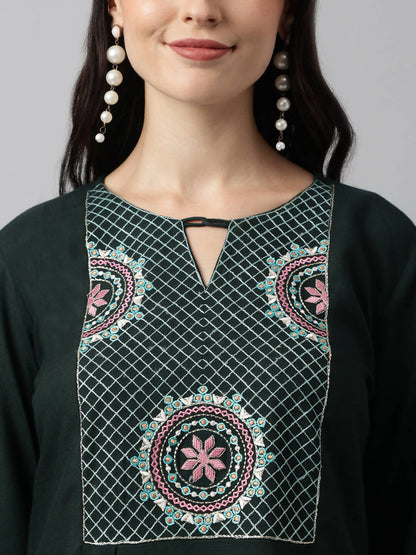 Green Rayon Yoke Embroidered A-line Top - Tarini - Distacart