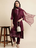 Thumbnail for Purple Chinon Silk Embroidered Straight Kurta with Trouser & Dupatta - Salimar - Distacart