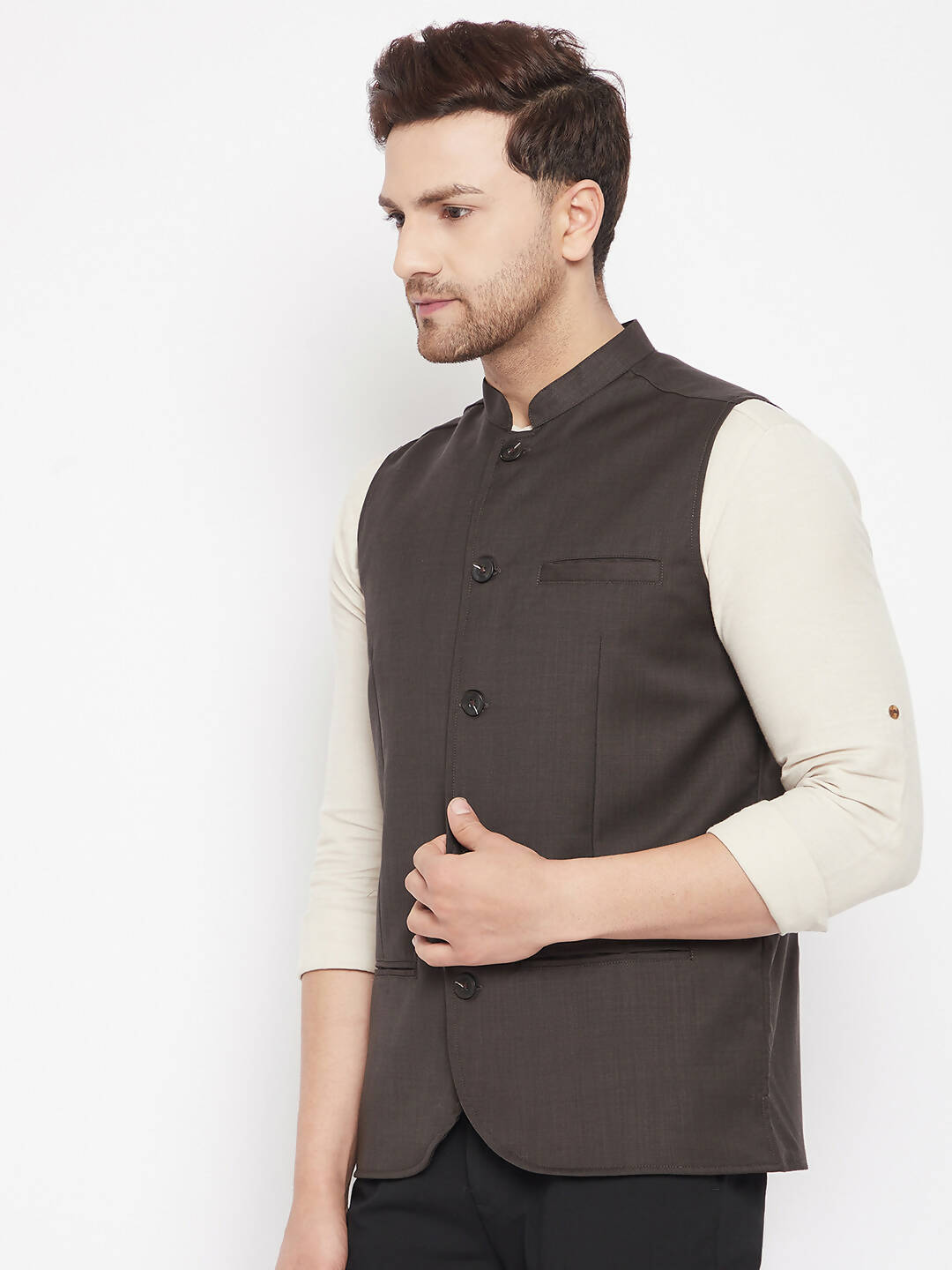 Even Apparels Brown Merino Men Woven Nehru Jacket - Distacart