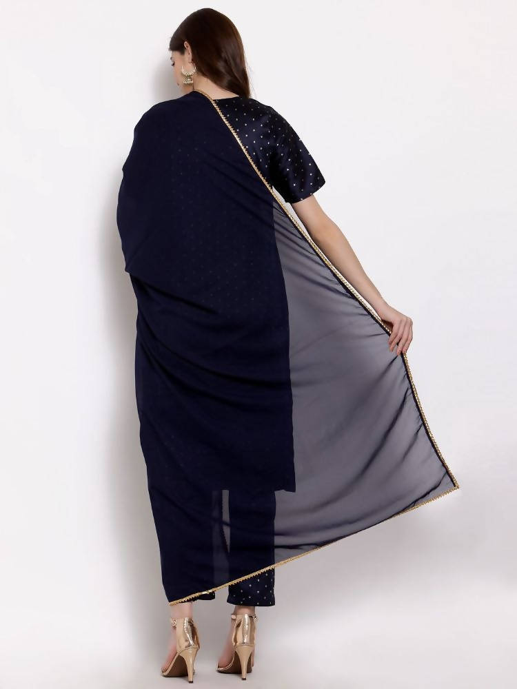 Myshka Women's Dark Blue Silk Blend Half Sleeve Round Neck Printed Casual Kurta Pant Dupatta Set