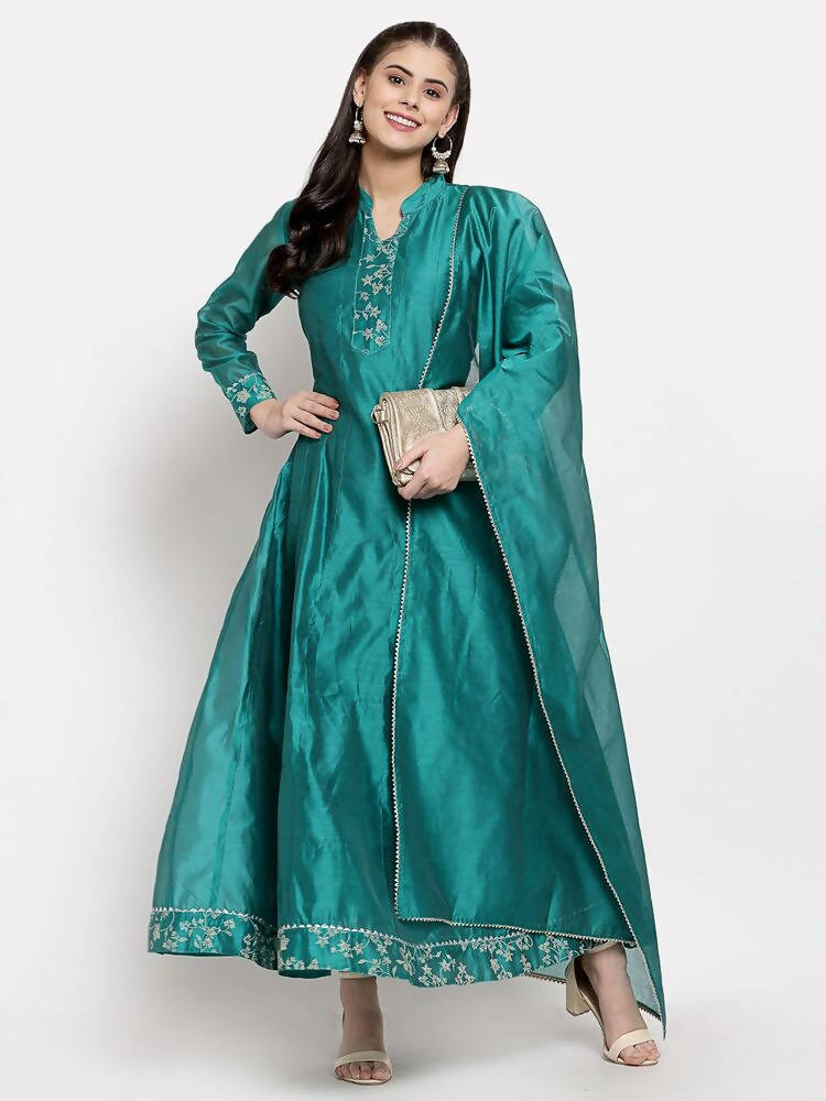 Myshka Women's Green Silk Solid Full Sleeve Mandarin Neck Casual Anarkali Gown