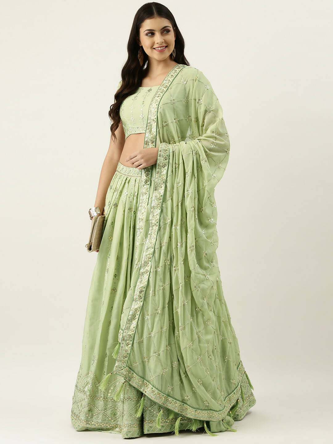 House of Panchhi Pista Green Pure Georgette Embroidered Lehenga & Blouse, Dupatta - Distacart