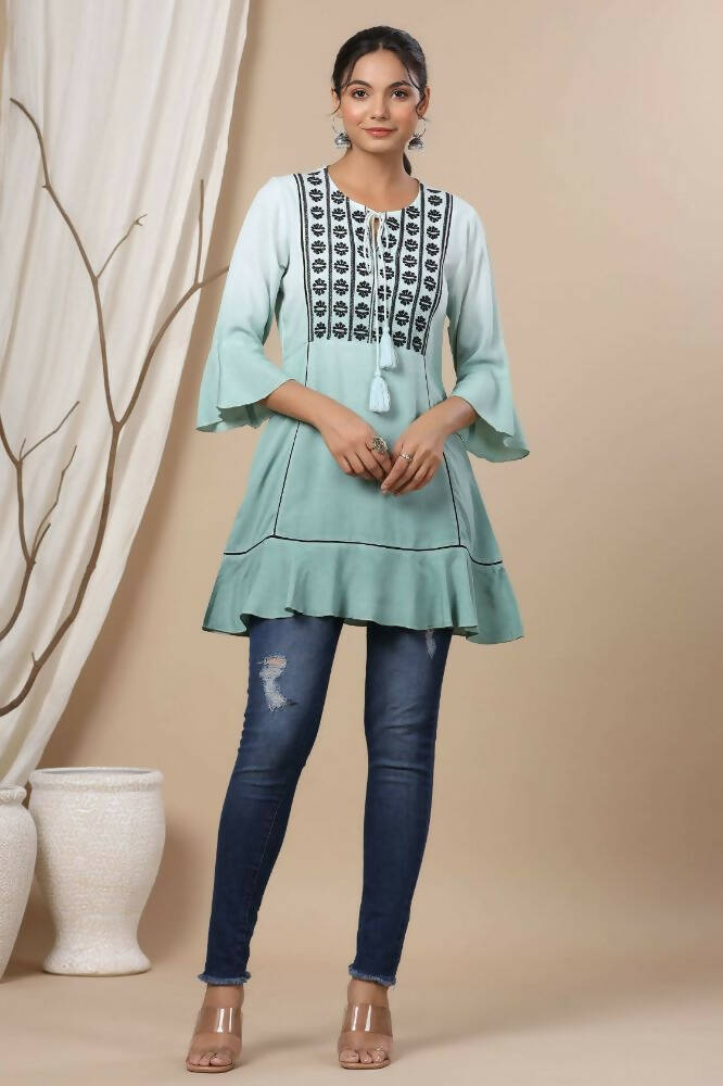 Juniper Sage Green Rayon Festive Embroidered Tiered Tunic For Women - Distacart