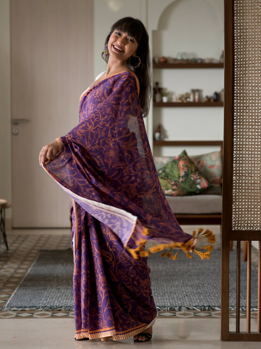 Suta Purple Floral Pure Cotton Saree - Distacart
