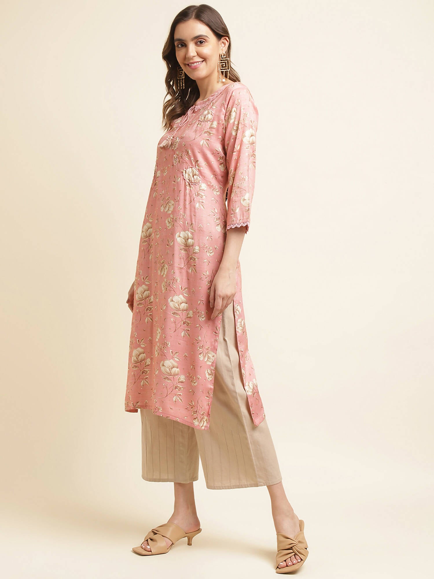 Pink Poly Rayon Floral Printed Straight Kurta - Prasuti - Distacart