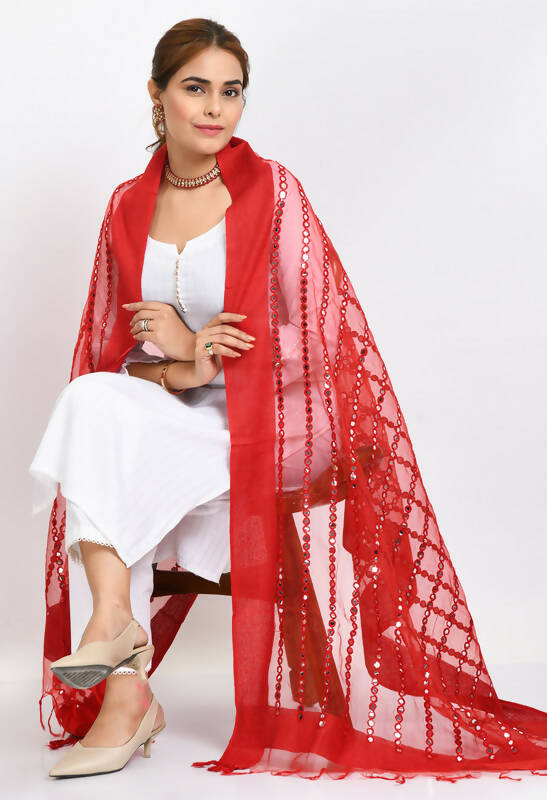 Mominos Fashion Moeza Women's Orgenza Mirror Stripe Thread Work Red Dupatta - Distacart