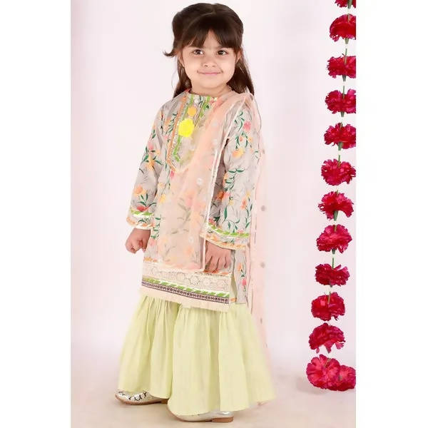 Little Bansi Green Color Floral and lace Work Kurta with Sharara and Dupatta