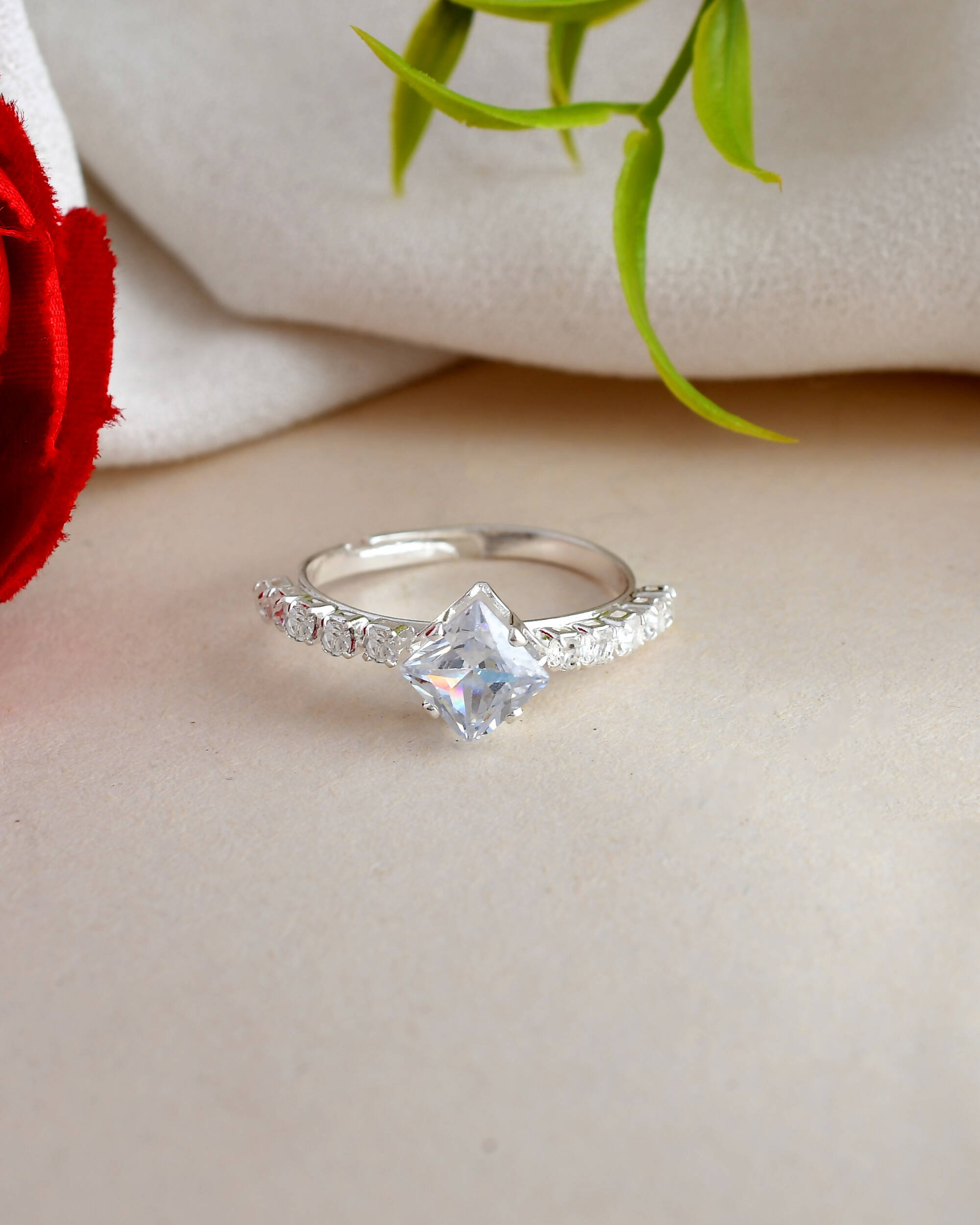 VOJ white CZ-detail Stainless Steel Cubic Zirconia Silver Plated Adjustable Finger Ring - Distacart