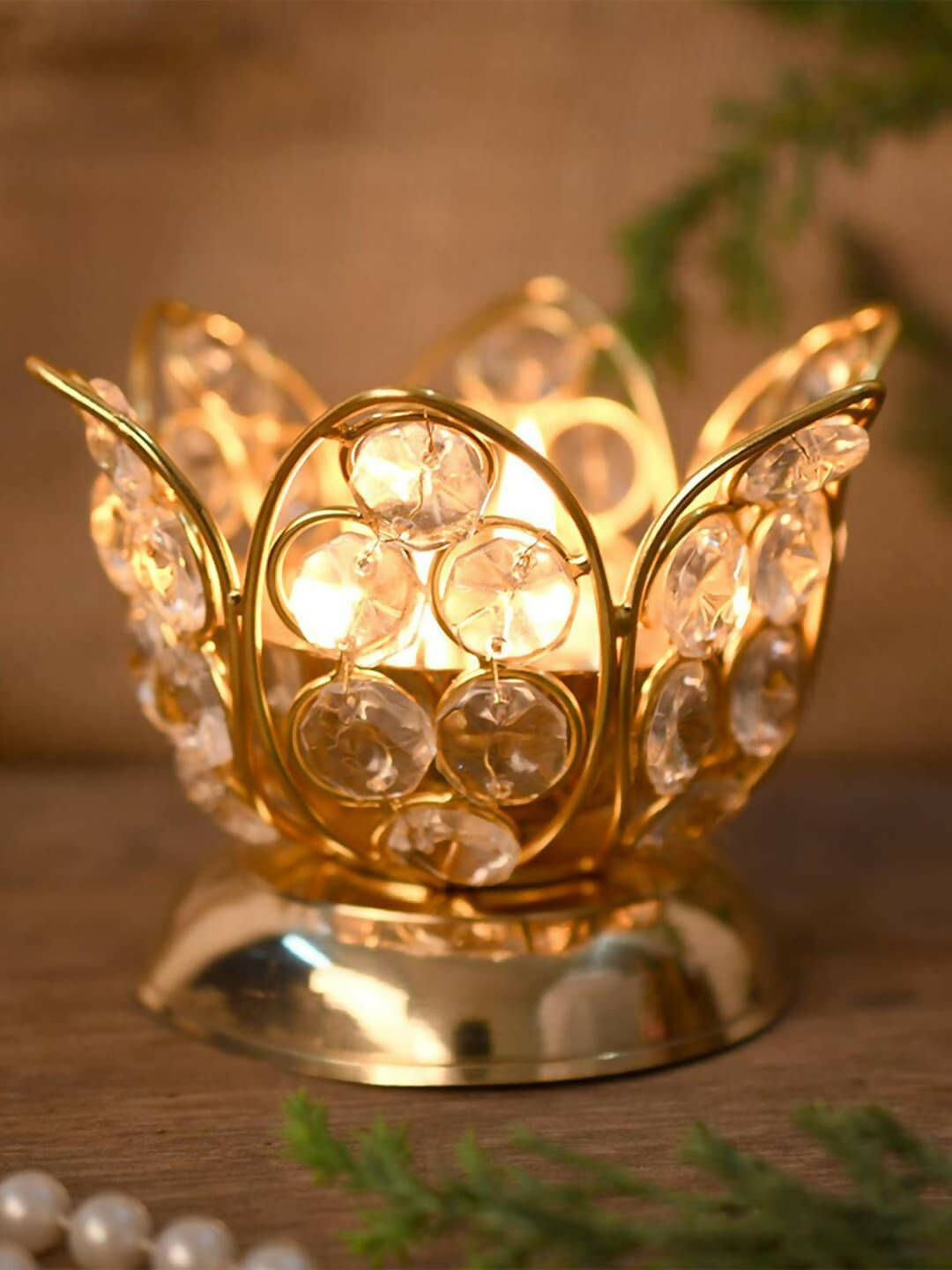 CraftVatika Gold Toned Crystal Lotus Shaped Diya - Distacart