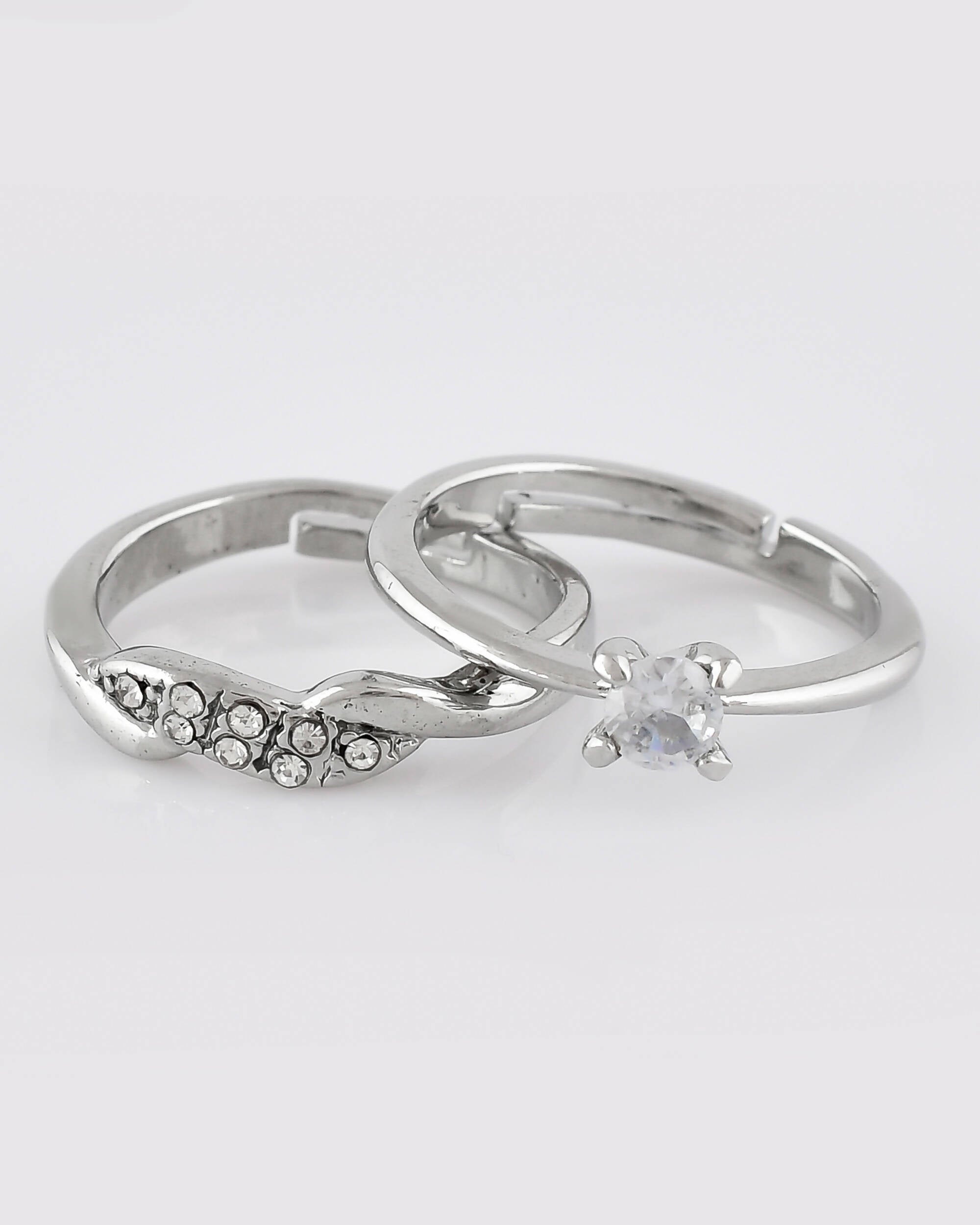 VOJ Stainless Steel Cubic Zirconia Silver Plated Adjustable Ring Set for Couple - Distacart