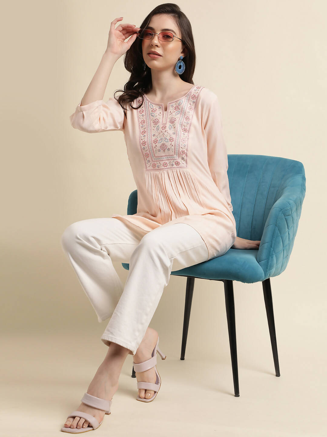 Peach Viscose Rayon Yoke Embroidered A-line Top - Tarini - Distacart