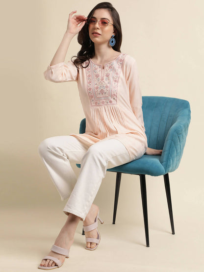 Peach Viscose Rayon Yoke Embroidered A-line Top - Tarini - Distacart