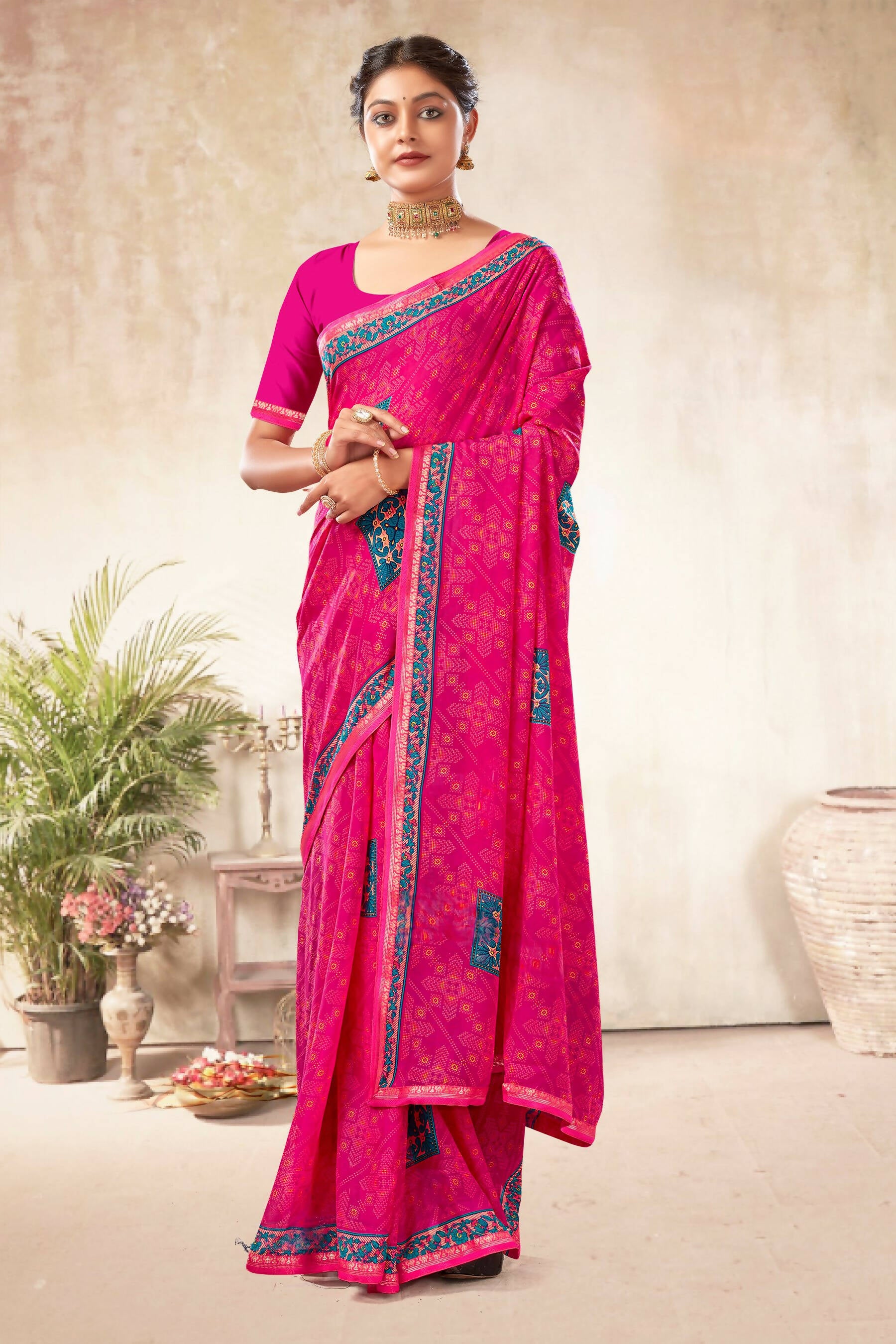 Pink Georgette Bandhni Printed Saree With Unstitched Blouse Piece - Shanaya - Distacart