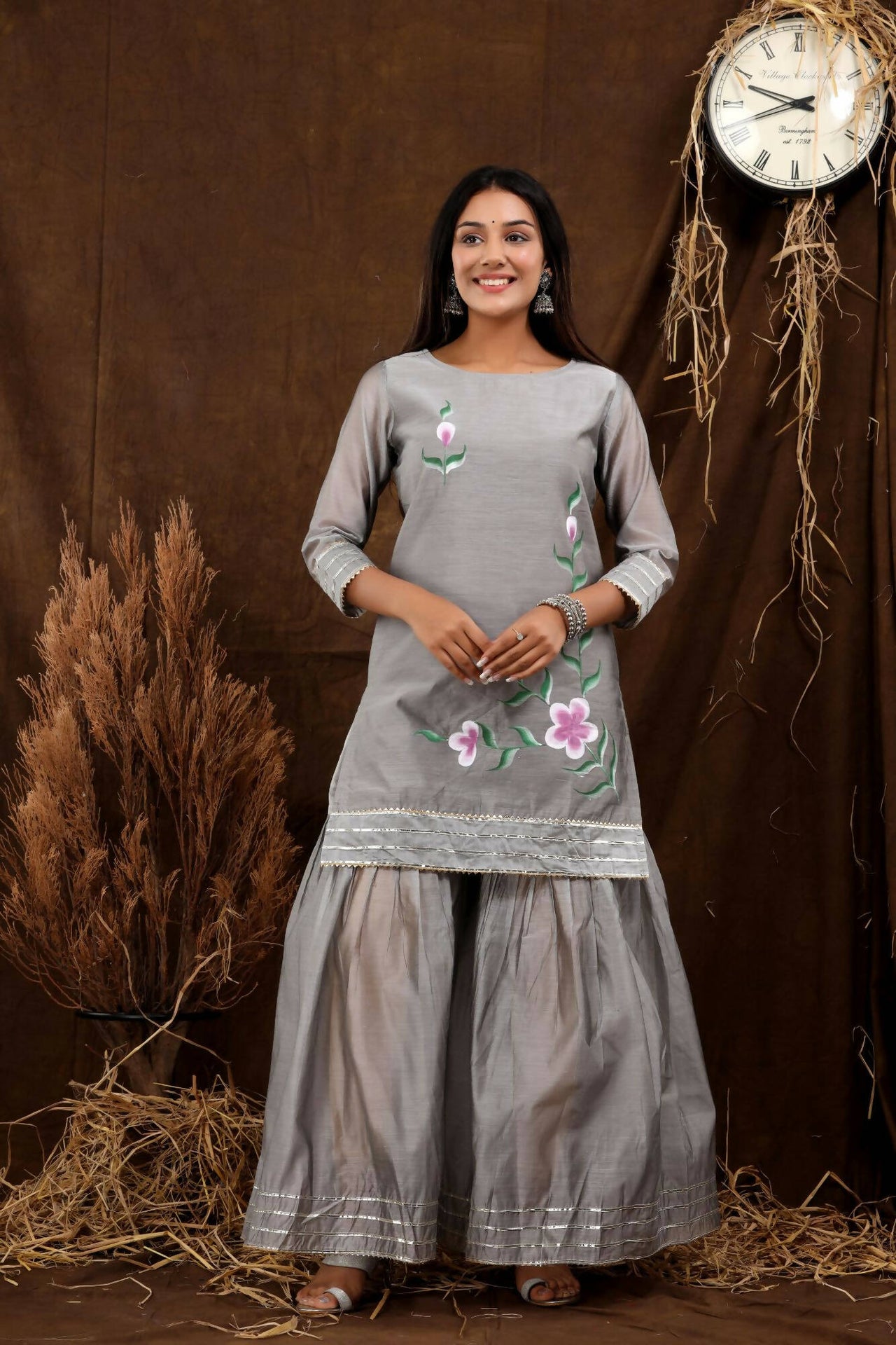 Women's Grey Hand Paint Sharara Set With Dupatta - Isya - Distacart