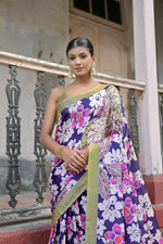 Thumbnail for Vishnu Weaves Women's Navy-Blue Cotton Silk Printed Saree with Blouse - Distacart