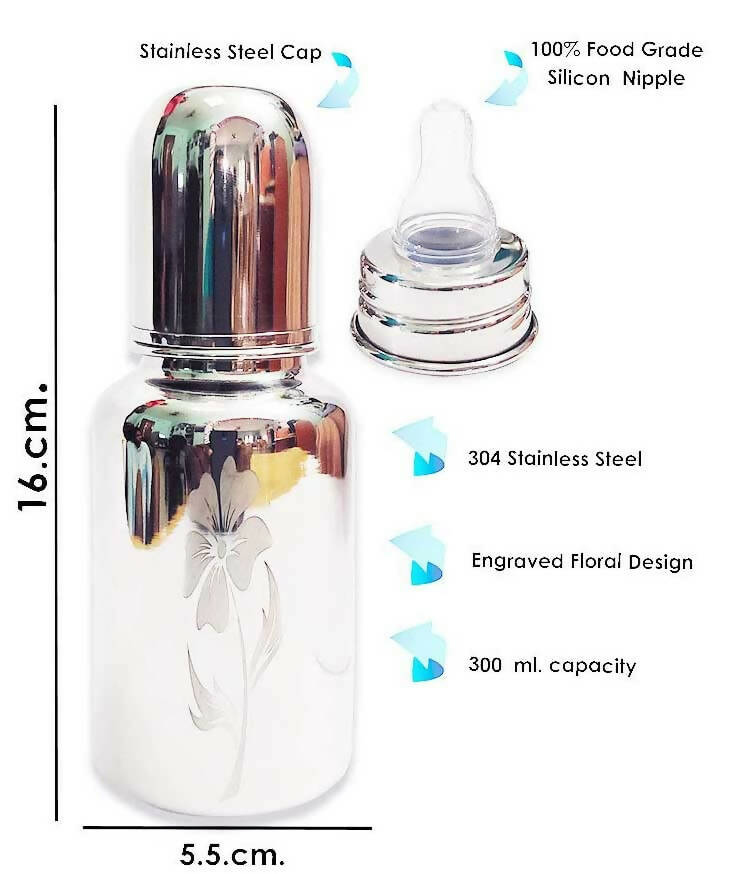 Goodmunchkins Stainless Steel Feeding Bottle with Bottle Cleaning Brush/Chakku/Anti Colic Silicone Nipple Combo-(300ml,Pink) - Distacart