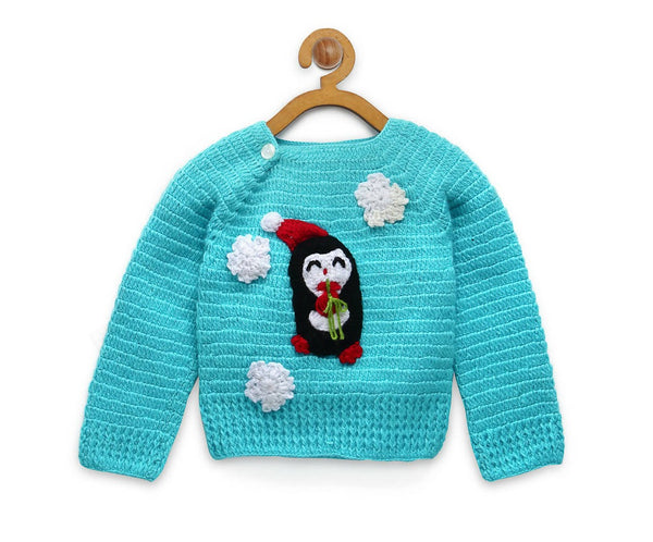 Chutput Kids Blue Coloured Solid Pullover For Baby Boys with Penguin Applique Detail - Distacart