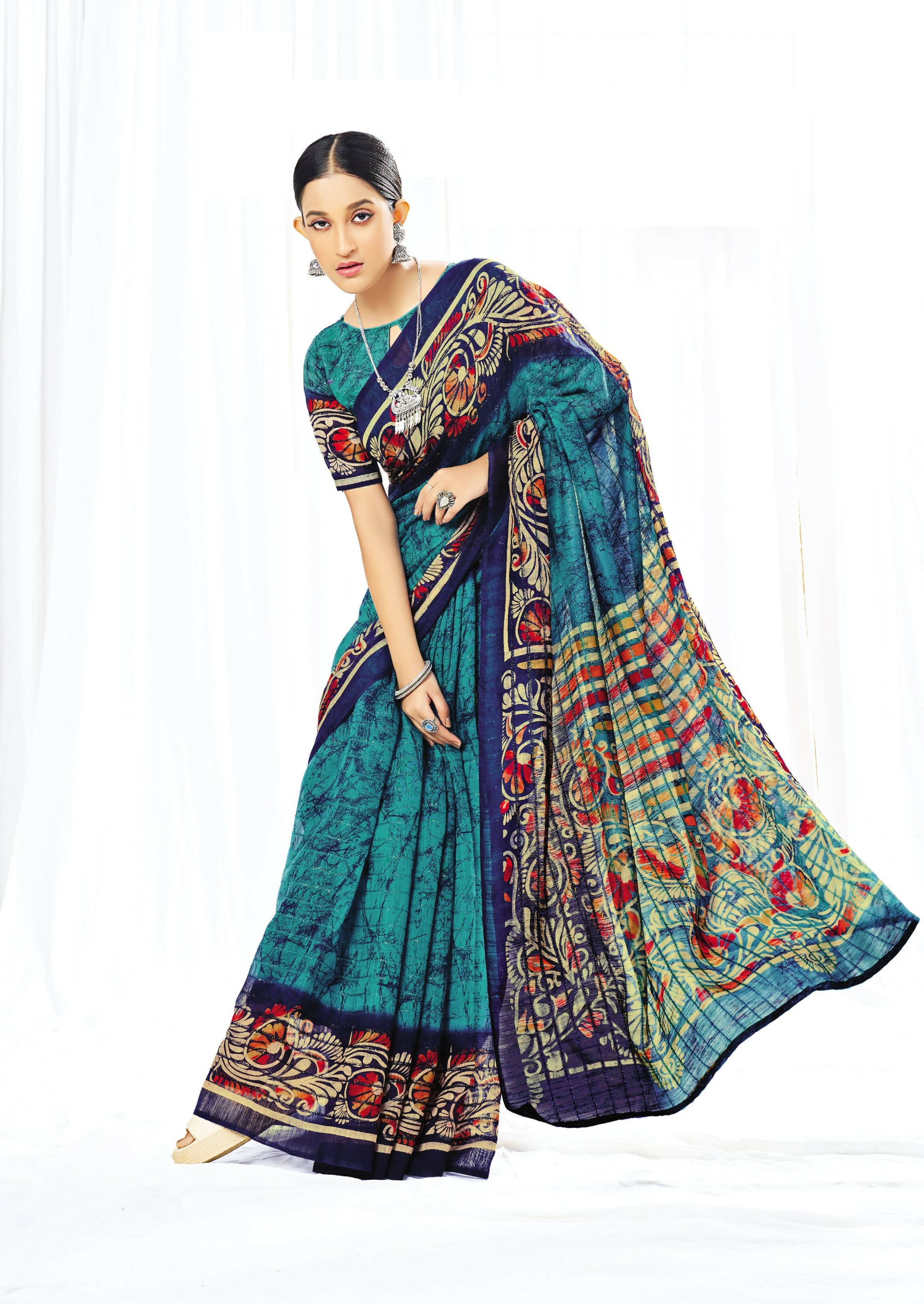 Blue Chanderi Cotton Floral Printed Saree With Unstitched Blouse Piece - Kathika - Distacart