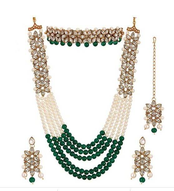 Mominos Fashion Rajwadi Gold-Plated With Stone & Green Pearls Necklace Combo Set