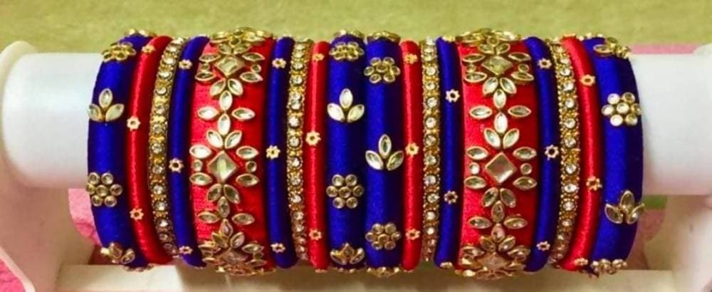 Blue & Red Silk Threaded Designer Bangles with Stones
