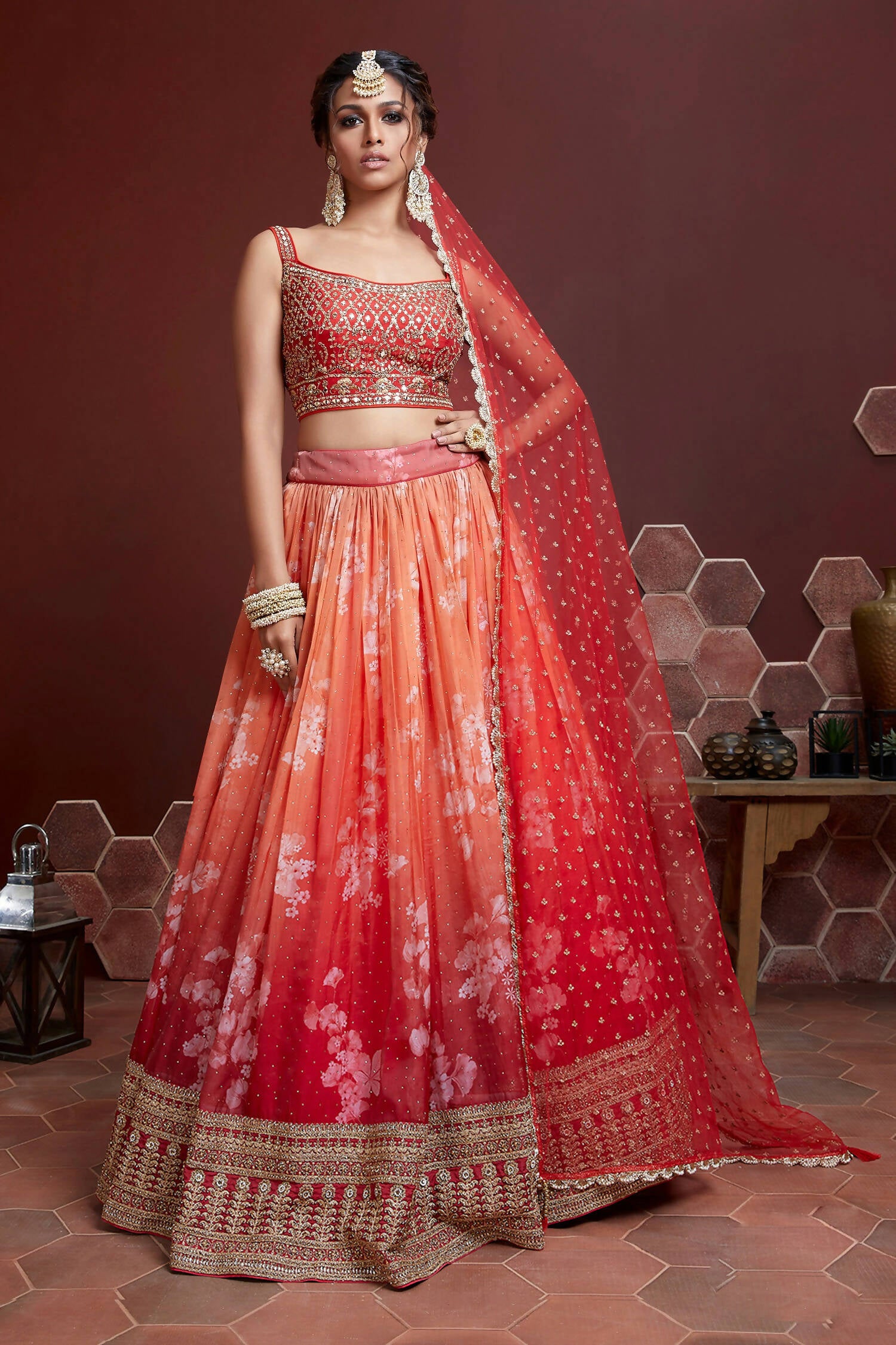Wedding Designer Orange Tabby Silk Lehenga Choli - Anbazaar - Distacart