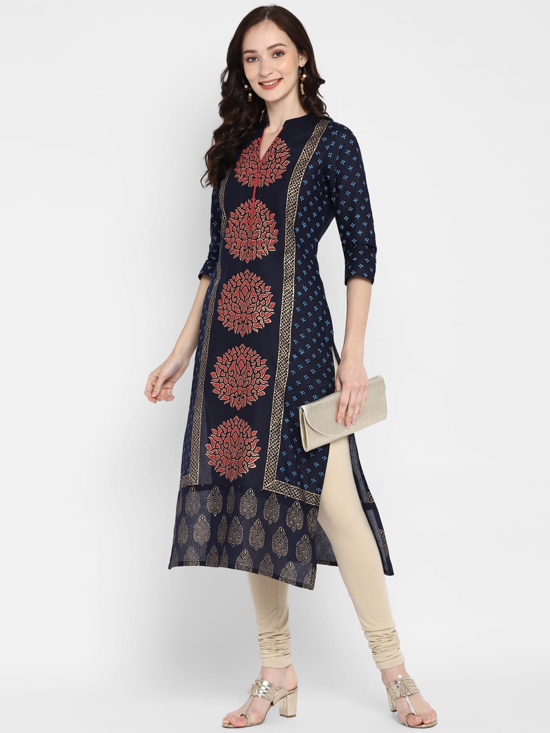 Wahe-NOOR Women's Navy Blue Cotton Printed Straight Kurti With Block Print - Distacart