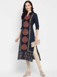 Thumbnail for Wahe-NOOR Women's Navy Blue Cotton Printed Straight Kurti With Block Print - Distacart