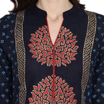 Thumbnail for Wahe-NOOR Women's Navy Blue Cotton Printed Straight Kurti With Block Print - Distacart