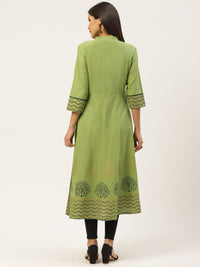 Thumbnail for Wahe-NOOR Women's Green Block Printed A-Line Kurta - Distacart