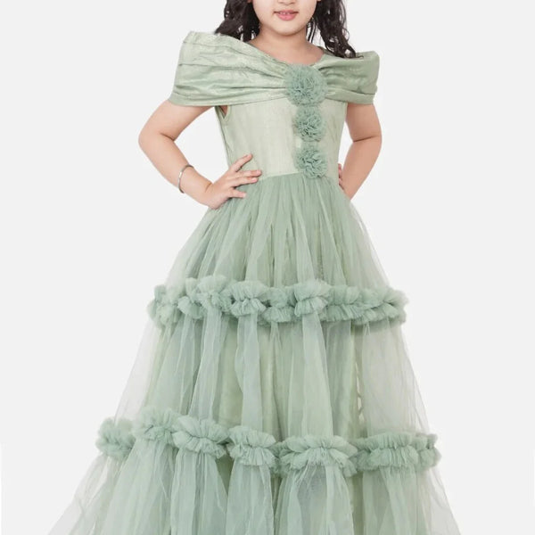 NOZ2TOZ Green Embellished Net Maxi Dress For Girls - Distacart