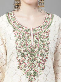 Thumbnail for NOZ2TOZ Women's Floral Embroidered Mirror Work Pure Cotton Kurta With Trousers & Dupatta - Distacart