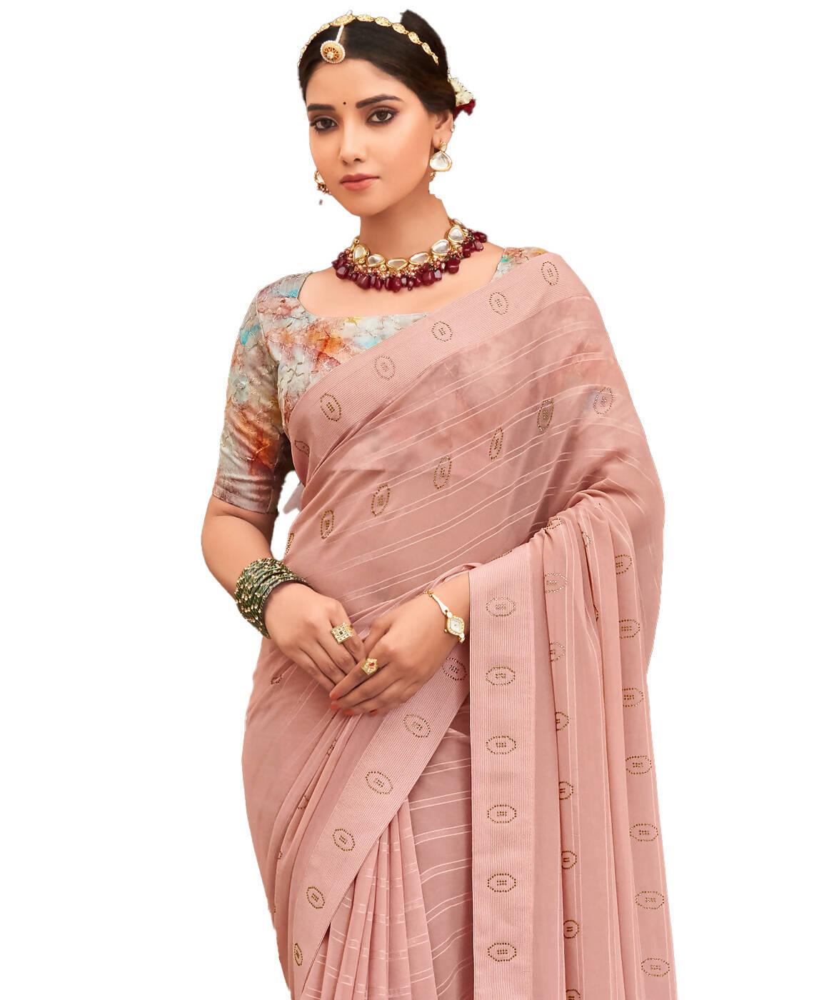 Peach Georgette Swaroski Work Saree With Unstitched Blouse Piece - Juhi - Distacart