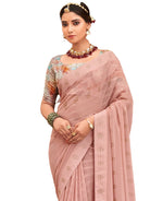 Thumbnail for Peach Georgette Swaroski Work Saree With Unstitched Blouse Piece - Juhi - Distacart