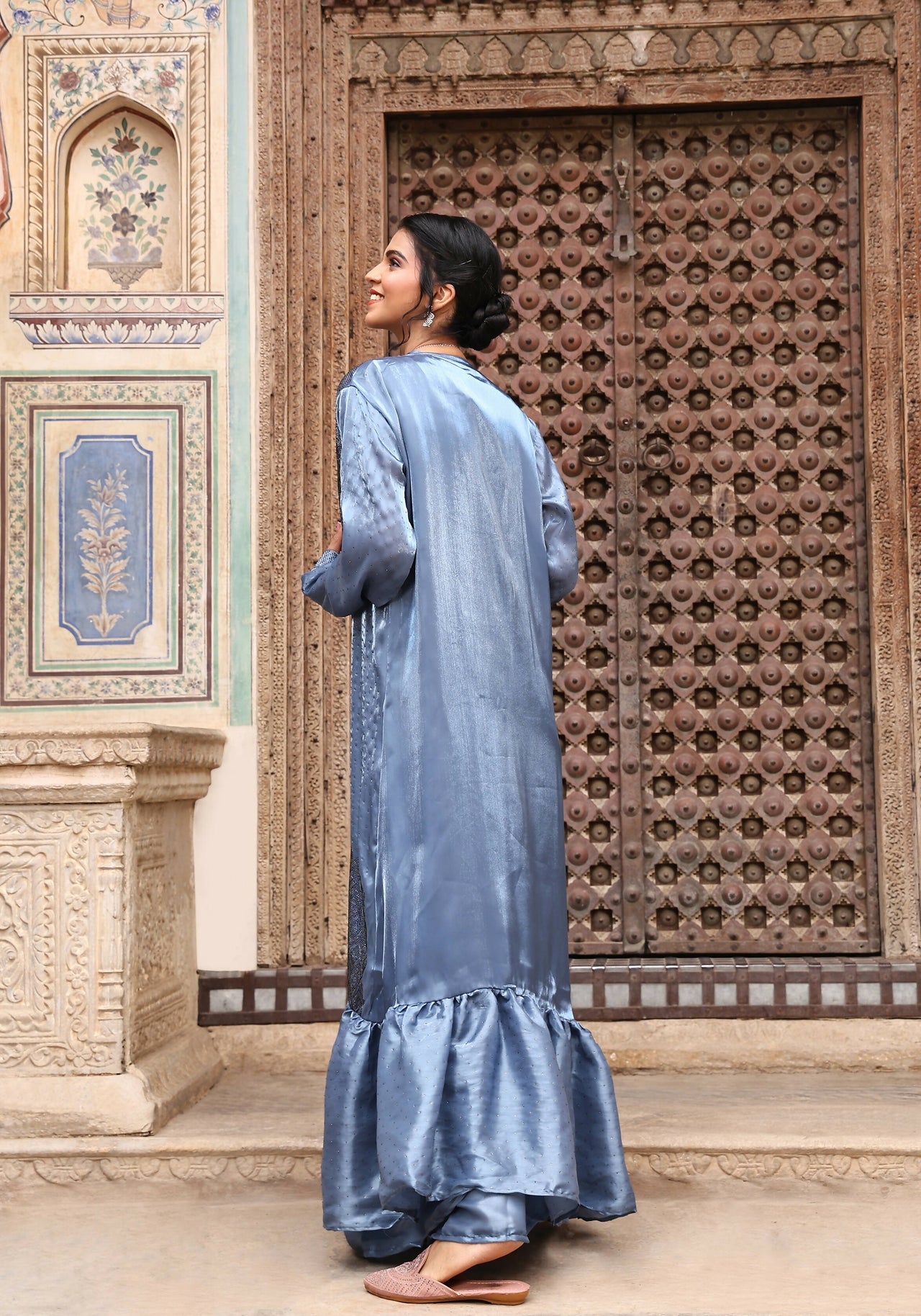 Sky Blue Tom Silk Plain Ready To Wear Saree With Stitched Blouse - Satiksha - Distacart