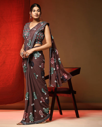 Brown Pure Georgette Sequence work Ready to wear Saree with stitched Blouse - Nirvana - Distacart