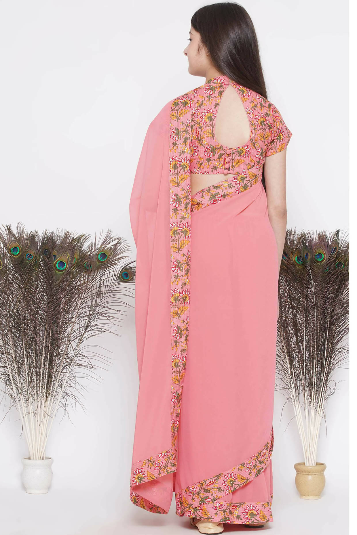 Little Bansi Floral Print Ready To Wear Saree And Floral Blouse - Coral - Distacart