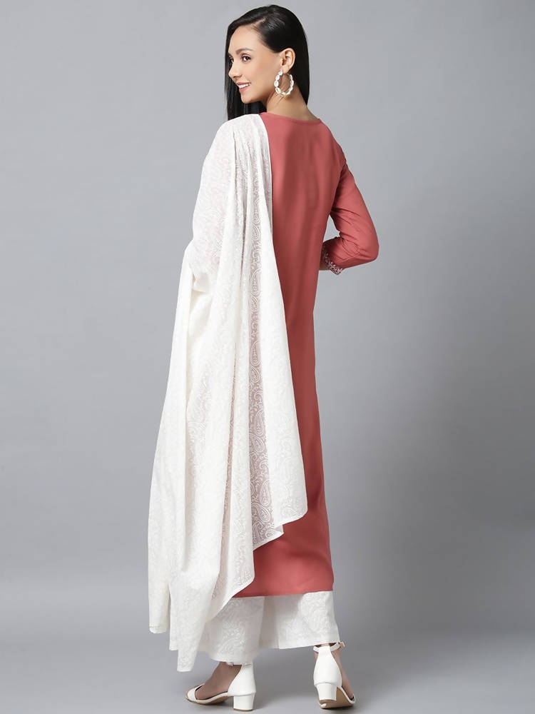Yufta Women Pink & White Yoke Design Kurta with Palazzo & Dupatta